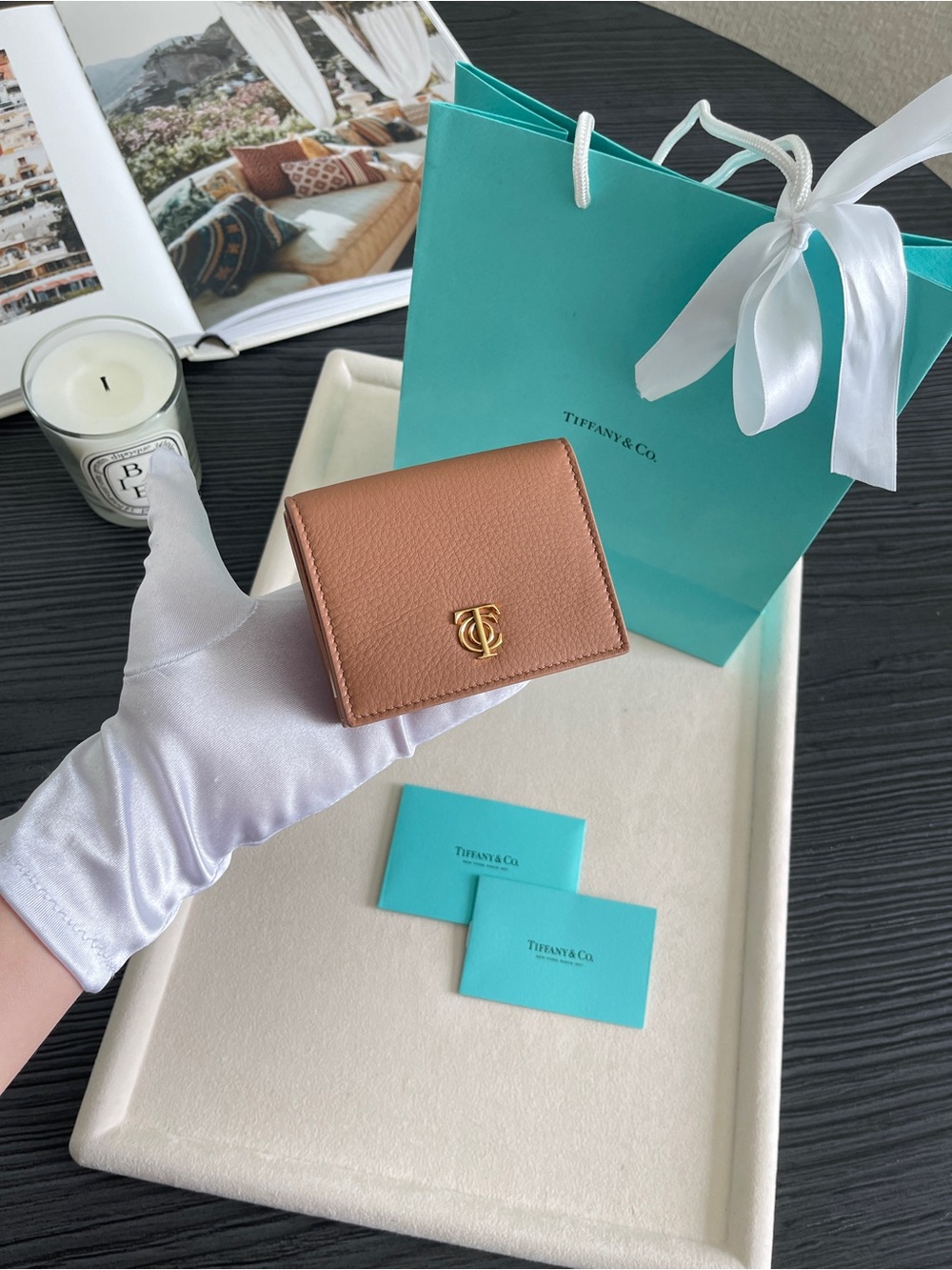 Tiffany & Co. Brown Pebbled Leather Tri-Fold Wallet Gold TC Logo NEW $650